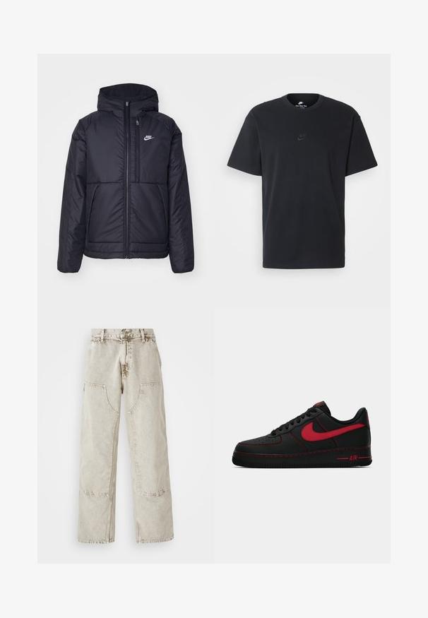 Black, padded Nike jacket with a front zipper and hood. Features a white logo on the left chest and dual front pockets. Smooth exterior texture.; Nike black cotton t-shirt with a classic crew neck, short sleeves, and a subtle, embossed logo on the chest. Smooth texture.; Light beige wide-leg jeans made from denim, featuring large patch pockets, contrast stitching, and a slightly faded texture.; Black leather Nike Air Force 1 sneakers with red accents, featuring a smooth texture, perforated toe, and contrasting red stitching.