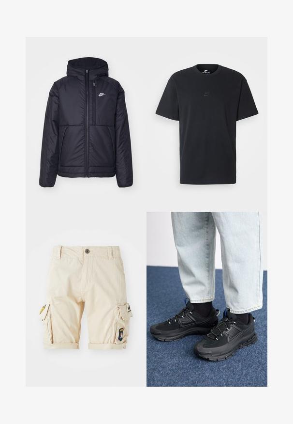 Black, padded Nike jacket with a front zipper and hood. Features a white logo on the left chest and dual front pockets. Smooth exterior texture.; Nike black cotton t-shirt with a classic crew neck, short sleeves, and a subtle, embossed logo on the chest. Smooth texture.; Beige cargo shorts made of cotton, featuring rolled cuffs, side pockets, and embroidered patches on the leg. Classic fit and utility design.; Black athletic shoes with textured fabric and rubber soles, featuring elastic laces and a blue accent on the heel. Worn with light denim pants.