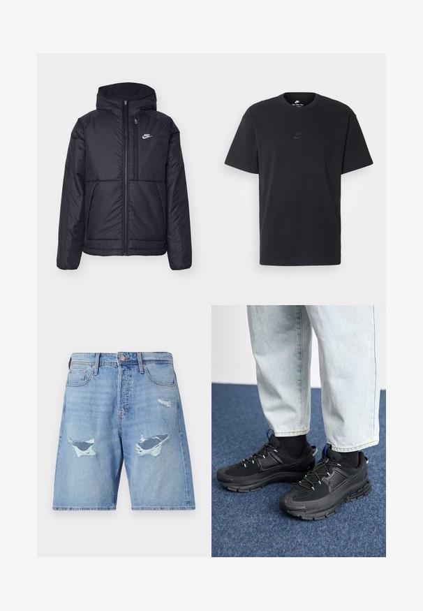 Must musta Nike jope, millel on ees lukuga avamine ja kapuuts. Vasakpoolne rind on kaunistatud valge logoga ning ees on kaks taskut. Sile välimine tekstuur.; Nike musta mustast puuvillast T-särk klassikalise ümmarguse kaelusega, lühikeste varrukatega ja õrna, reljeefse logoga rinnal. Sile tekstuur.; Heledad sinised teksapüksid, millel on mugav lõige, kaks suuremat kulumiskohta ja peened kulumisjäljed kangal.; Mustad mustad jooksukingad, millel on tekstureeritud kangas ja kummist tallad, elastsed nöörid ning sinine aksent kandadel. Kandmine heledate teksadega.