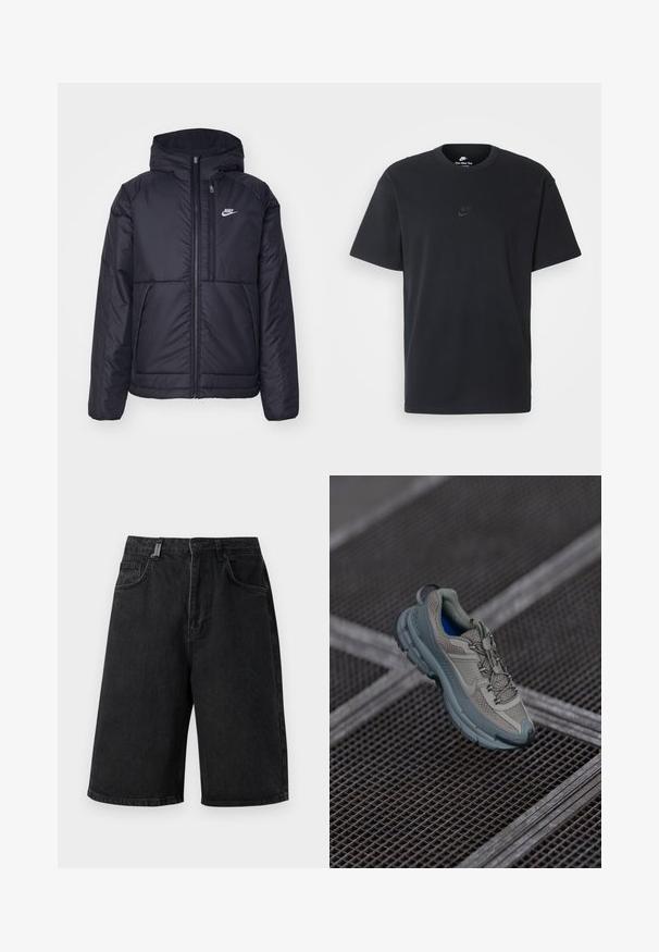 Čierna, polstrovaná bunda Nike so zipsom vpredu a kapucňou. Na ľavej strane hrude sa nachádza biele logo a sú tu dva predné vrecká. Hladký vonkajší povrch.; Čierne bavlnené tričko Nike s klasickým okrúhlym výstrihom, krátkymi rukávmi a jemne embosovaným logom na hrudi. Hladká textúra.; Čierne denímové šortky s voľným strihom, stredne vysokým pásom, piatimi vreckami a pútkami na opasok. Tkanina má hladkú štruktúru a jemné detaily šitia.; Béžová a šedá športová obuv s textúrovaným sieťovaným zvrškom, okrúhlou špičkou a gumovou podrážkou, vybavená šnúrkami a polstrovaným golierom.