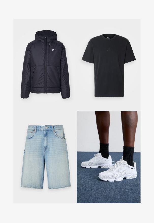 Črna, podložena Nike jakna z sprednjim zadrgo in kapuco. Ima bel logo na levem prsnem delu in dvojna sprednja žepa. Gladka zunanja tekstura.; Nike črna bombažna majica z klasičnim okroglim izrezom, kratkimi rokavi in subtilnim, vtisnjenim logotipom na prsih. Gladka tekstura.; Svetlo modri jeans kratki hlače s ravnim krojem, z zapiranjem na gumb in zadrgo, petimi žepi in rahlo zbledelim videzom.; Bela športna obutev z mrežasto zgornjim delom, teksturiranimi detajli in oblazinjenim podplatom. V kombinaciji s črnimi rebrastimi gležnjarji na modri preprogi.
