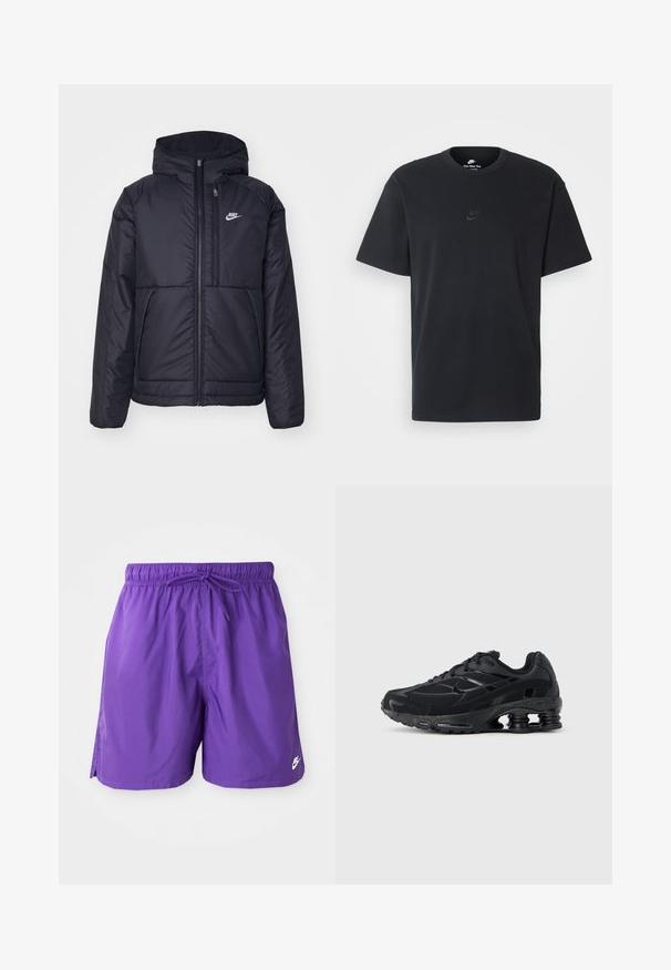 Fekete, párnázott Nike dzseki elülső cipzárral és kapucnival. A bal mellen fehér logó található, valamint két elülső zseb. Simának tűnő külső felület.; Fekete pamut póló Nike márkájú, klasszikus, kerek nyakú, rövid ujjú, és letisztult, dombornyomott logóval a mellkason. Simább textúra.; Lila fürdőnadrág rugalmas derékkal és húzózsinórral. Oldalsó hasítékokkal és egy kicsi fehér logóval az alsó szegélyen. Sima textúra.; Fekete sportcipő hálós felsőrésszel, párnázott szegéllyel és kiemelkedő párnázási technológiával a saroknál. Texturált díszítésekkel és fűzőkkel rendelkezik.