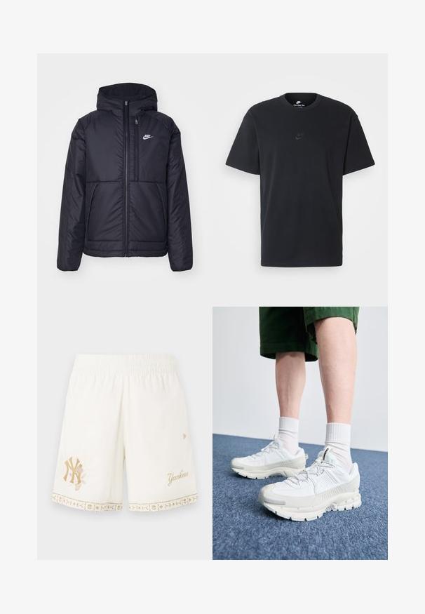 Černá zateplená bunda Nike s předním zipem a kapucí. Na levé straně hrudi má bílé logo a dvojité přední kapsy. Hladký povrch.; Černé bavlněné tričko Nike s klasickým kulatým výstřihem, krátkými rukávy a decentně vyraženým logem na hrudi. Hladký povrch.; Bílé šortky s elastickým pasem, se zlatě vyšitým logem Yankees a květinovým vzorem, doplněné dekorativním lemem.; Bílé sportovní boty s texturovanými překryvy, masivní podrážkou a šedými akcenty. Na nohou mají bílé ponožky a zelené šortky na modrém povrchu.