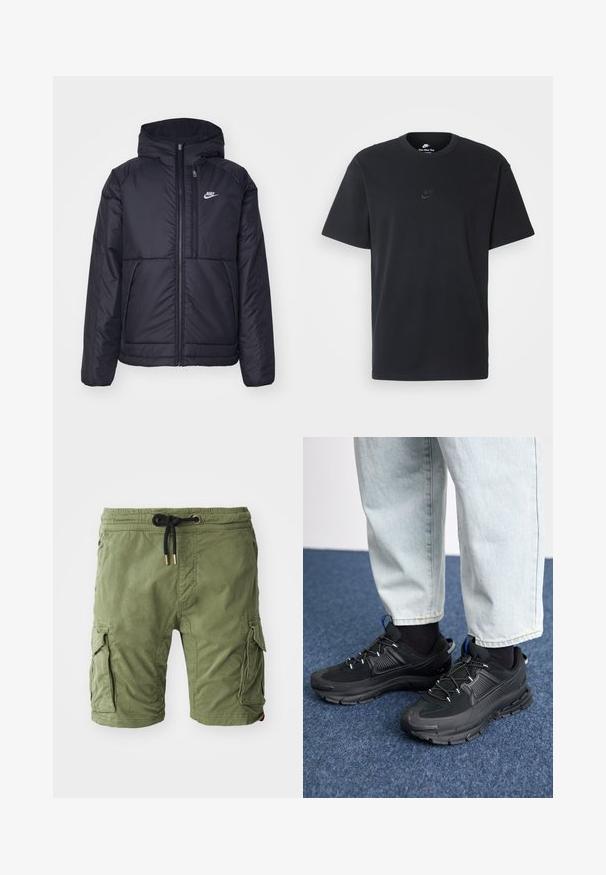 Čierna, polstrovaná bunda Nike so zipsom vpredu a kapucňou. Na ľavej strane hrude sa nachádza biele logo a sú tu dva predné vrecká. Hladký vonkajší povrch.; Čierne bavlnené tričko Nike s klasickým okrúhlym výstrihom, krátkymi rukávmi a jemne embosovaným logom na hrudi. Hladká textúra.; Olivové bavlnené cargo šortky s bočnými vreckami, šnúrkou v páse so zlatofarbeným kovovým doplnkom a jemnou textúrovanou úpravou.; Čierne športové topánky s textúrovanou tkaninou a gumovou podrážkou, so elastickými šnúrkami a modrým akcentom na päte. Nosia sa s svetlými riflami.
