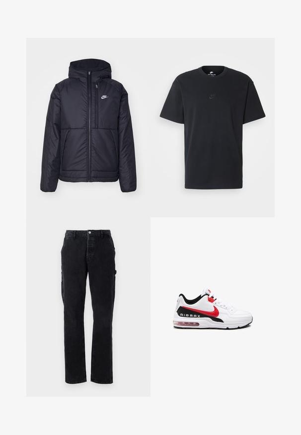 Chaqueta acolchada negra de Nike con cremallera frontal y capucha. Presenta un logo blanco en el lado izquierdo del pecho y dos bolsillos frontales. Textura exterior suave.; Camiseta negra de algodón de Nike con un clásico cuello redondo, mangas cortas y un sutil logo en relieve en el pecho. Textura suave.; Pantalones cargo de mezclilla negra con piernas rectas, cierre delantero de botón y bolsillos laterales. La tela tiene un acabado ligeramente texturizado.; Zapatilla deportiva blanca con detalles en negro y rojo, que presenta un upper de cuero suave, parte frontal con cordones y una amortiguación de aire visible en la suela.