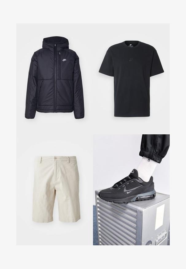 Schwarze, gepolsterte Nike-Jacke mit Frontreißverschluss und Kapuze. Hat ein weißes Logo auf der linken Brust und zwei Fronttaschen. Glattes äußeres Material.; Schwarzes Baumwoll-T-Shirt von Nike mit klassischem Rundhalsausschnitt, kurzen Ärmeln und einem dezenten, geprägten Logo auf der Brust. Glatte Textur.; Beige Baumwollshorts mit einer Eingrifftaste, Gürtelschlaufen und geradem Beinschnitt. Glatte Textur, endet knapp über dem Knie.; Nike Sportswear PULSE - Sneaker low - black/anthracite