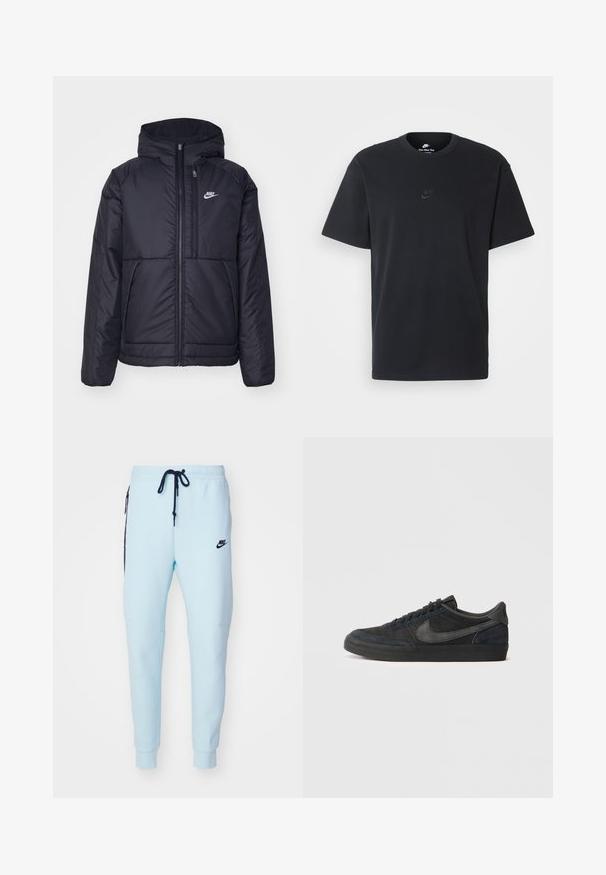 Black, padded Nike jacket with a front zipper and hood. Features a white logo on the left chest and dual front pockets. Smooth exterior texture.; Nike black cotton t-shirt with a classic crew neck, short sleeves, and a subtle, embossed logo on the chest. Smooth texture.; Nike Sportswear TECH JOGGER - Tracksuit bottoms - glacier blue; Black suede sneakers with a low profile, rubber outsole, textured side panels, and tonal Nike swoosh logo. Laced front, cushioned collar.