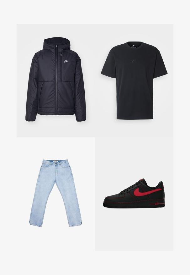 Melna, pufota Nike jaka ar priekšējo rāvējslēdzēju un kapuci. Iezīmēta ar baltu logotipu uz kreisās krūtis un divām priekšējām kabatām. Gluda ārējā tekstūra.; Nike melns kokvilnas T-krekls ar klasisku piegriezumu, īsām piedurknēm un smalku, reljefu logotipu uz krūškurvja. Gluda tekstūra.; Gaiši zili džinsa džinsi ar taisnām kājām, pieciem kabatām, pogas aizdari un maigu izbalēšanu. Nav redzamu rakstu vai logotipu.; Melnas ādas Nike Air Force 1 tenisa kurpes ar sarkaniem akcentiem, ar gludu faktūru, perforētu purngalu un kontrastējošu sarkano diegu.