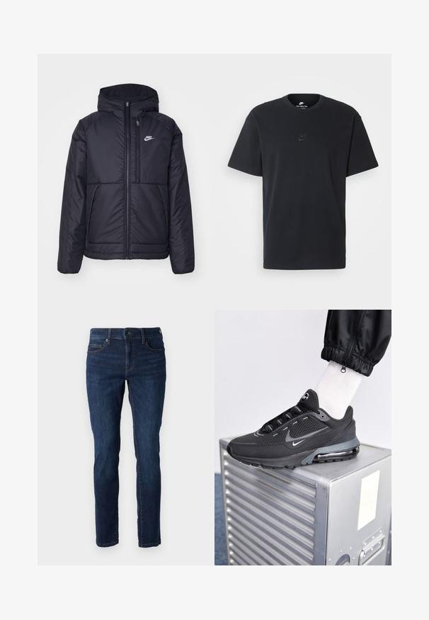 Chaqueta acolchada negra de Nike con cremallera frontal y capucha. Presenta un logo blanco en el lado izquierdo del pecho y dos bolsillos frontales. Textura exterior suave.; Camiseta negra de algodón de Nike con un clásico cuello redondo, mangas cortas y un sutil logo en relieve en el pecho. Textura suave.; Jean de mezclilla azul oscuro con corte ajustado, cinco bolsillos y costuras en contraste naranjas. Cuenta con un cierre de botón y cremallera.; Nike Sportswear PULSE - Zapatillas - black/anthracite