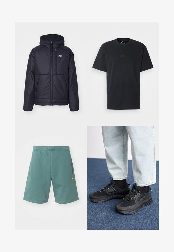 Musta, pehmustettu Nike-takki, jossa on etuvetoketju ja huppu. Vasemmassa rinnassa on valkoinen logo ja takissa on kaksinkertaiset etutaskut. Pintakoe on sileä.; Nike musta musta T-paita, jossa on klassinen pyöreä kaula-aukko, lyhyet etkä hihat sekä hillitty, kohopainettu logo rinnassa. Silkkinen rakenne.; Teflon sekoittuvista shortsit teal-värissä, joissa on joustava vyötärönauha, sivutaskut ja pieni kultainen logo aksentti alhaalla.; Mustat urheilukengät, joissa on teksturoitu kangas ja kumipohjat, elastiset nauhat ja sininen yksityiskohta kannassa. Yhdistetty vaaleisiin farkkuihin.