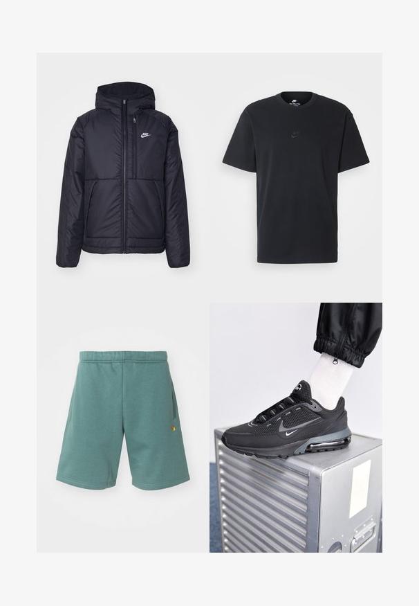 Czarna, pikowana kurtka Nike z przednim zamkiem błyskawicznym i kapturem. Posiada białe logo po lewej stronie klatki piersiowej oraz podwójne kieszenie z przodu. Gładka struktura zewnętrzna.; Czarny bawełniany t-shirt Nike z klasycznym okrągłym dekoltem, krótkimi rękawami oraz subtelnym, wytłoczonym logo na piersi. Gładka tekstura.; Szorty z bawełny w kolorze teal z elastycznym pasem, bocznymi kieszeniami i małym złotym logo na dolnej części nogawki.; Nike Sportswear PULSE czarny