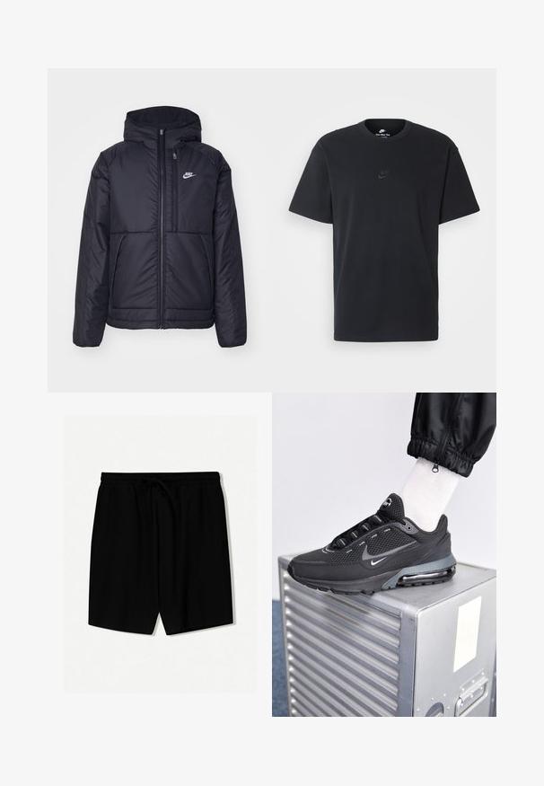 Czarna, pikowana kurtka Nike z przednim zamkiem błyskawicznym i kapturem. Posiada białe logo po lewej stronie klatki piersiowej oraz podwójne kieszenie z przodu. Gładka struktura zewnętrzna.; Czarny bawełniany t-shirt Nike z klasycznym okrągłym dekoltem, krótkimi rękawami oraz subtelnym, wytłoczonym logo na piersi. Gładka tekstura.; Czarne spodenki wykonane z lekkiego materiału, z elastycznym paskiem w talii i sznurkiem do regulacji, z plisami z przodu i długości powyżej kolan.; Nike Sportswear PULSE czarny
