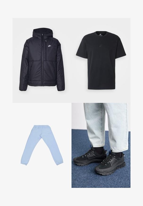 Black, padded Nike jacket with a front zipper and hood. Features a white logo on the left chest and dual front pockets. Smooth exterior texture.; Nike black cotton t-shirt with a classic crew neck, short sleeves, and a subtle, embossed logo on the chest. Smooth texture.; Light blue sweatpants made of a soft material, featuring an elastic waistband, tapered legs, and a subtle logo detail on the side.; Black athletic shoes with textured fabric and rubber soles, featuring elastic laces and a blue accent on the heel. Worn with light denim pants.