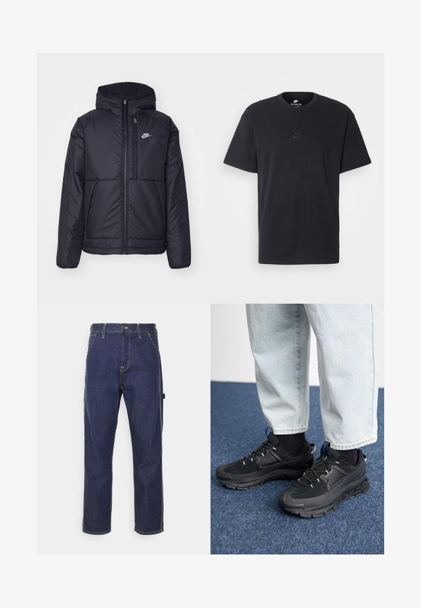 Svart, vadderad Nike-jacka med dragkedja framtill och huva. Har en vit logotyp på vänster bröst och dubbla framfickor. Slät yttextur.; Svart t-shirt i bomull från Nike med klassisk rund halsringning, korta ärmar och en diskret, präglad logotyp på bröstet. Slät textur.; Mörkbla denim cargo-byxor med gul sömnad, sidofickor och rak passform. Har en knapp- och dragkedjestängning.; Svarta sportskor med texturerat tyg och gummisulor, med elastiska snörningar och en blå detalj på hälen. Bärs med ljusa jeans.