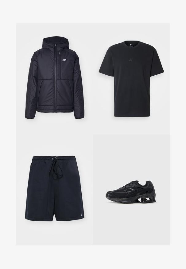 Black, padded Nike jacket with a front zipper and hood. Features a white logo on the left chest and dual front pockets. Smooth exterior texture.; Nike black cotton t-shirt with a classic crew neck, short sleeves, and a subtle, embossed logo on the chest. Smooth texture.; Navy blue cotton shorts with an elastic waistband and adjustable drawstring. Features side pockets and a small logo on the hem.; Black athletic shoe with a mesh upper, padded collar, and prominent cushioning technology at the heel. Features textured accents and laces.