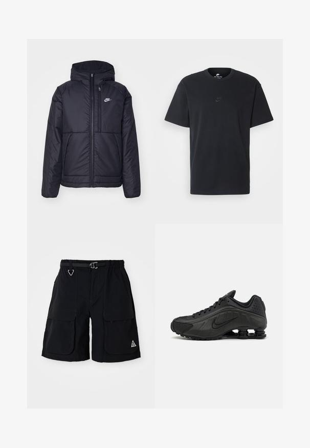Čierna, polstrovaná bunda Nike so zipsom vpredu a kapucňou. Na ľavej strane hrude sa nachádza biele logo a sú tu dva predné vrecká. Hladký vonkajší povrch.; Čierne bavlnené tričko Nike s klasickým okrúhlym výstrihom, krátkymi rukávmi a jemne embosovaným logom na hrudi. Hladká textúra.; Čierne cargo šortky s elastickým pásom, integrovaným opaskom, veľkými bočnými vreckami a trojuholníkovým logom ACG na pravej nohe.; Čierne bežecké topánky s hladkým syntetickým zvrškom, perforovanými akcentmi, textúrovanými bočnými panelmi a výraznou pružnou podrážkou.