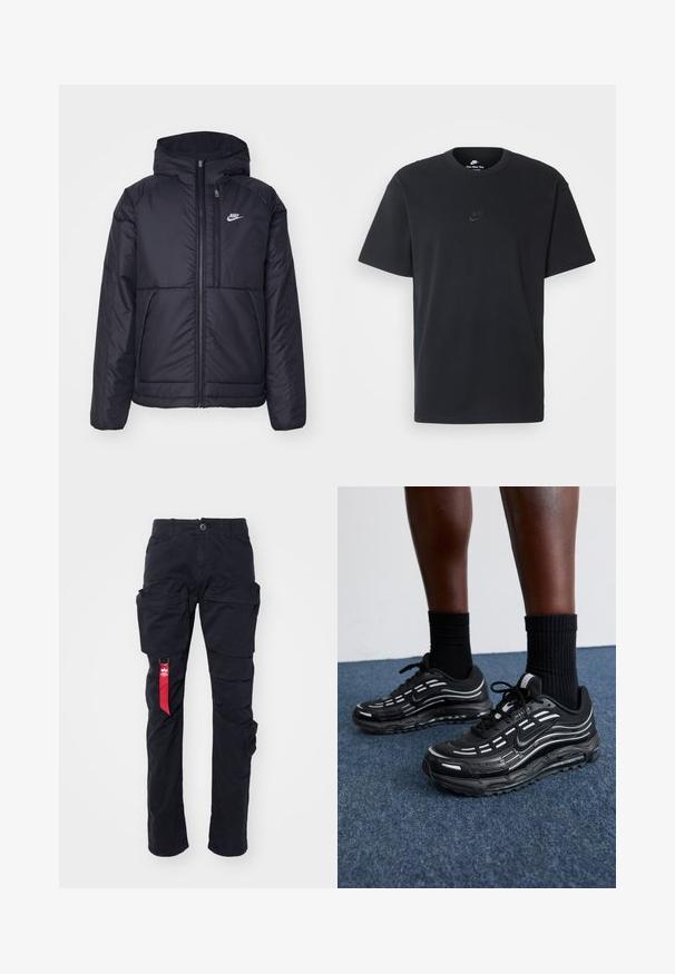 Jachetă Nike neagră, căptușită, cu fermoar pe față și glugă. Prezintă un logo alb pe pieptul stâng și două buzunare frontale. Textură exterioară netedă.; Tricou din bumbac negru Nike, cu guler rotund clasic, mâneci scurte și un logo subtil embosat pe piept. Textură netedă.; Pantaloni cargo negri cu multiple buzunare laterale, bucle pentru centură și un eticheta de țesătură roșie pe partea stângă. Construiți dintr-un material de bumbac durabil.; Pantofii negri Nike au un superior din plasă cu dungi accentuate, șireturi texturate și o talpă din cauciuc negru. Purtați cu șosete negre cu model rib.