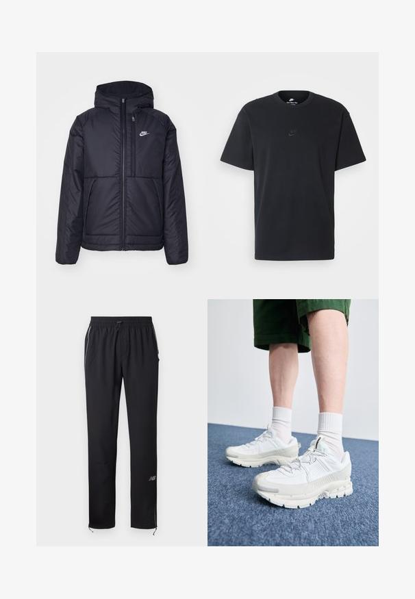 Čierna, polstrovaná bunda Nike so zipsom vpredu a kapucňou. Na ľavej strane hrude sa nachádza biele logo a sú tu dva predné vrecká. Hladký vonkajší povrch.; Čierne bavlnené tričko Nike s klasickým okrúhlym výstrihom, krátkymi rukávmi a jemne embosovaným logom na hrudi. Hladká textúra.; Čierne športové nohavice z ľahkého materiálu, s elastickým pásom, bočnými vreckami a reflexnými doplnkami po stranách.; Biele športové topánky s textúrovanými prešívaniami, robustnou podrážkou a sivými akcentami. Nosené s bielymi ponožkami po členky a zelenými šortkami na modrom povrchu.