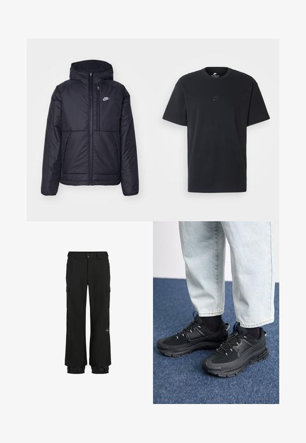Veste Nike noire rembourrée avec une fermeture éclair sur le devant et une capuche. Elle présente un logo blanc sur la poitrine gauche et deux poches avant. Texture extérieure lisse.; T-shirt en coton noir Nike avec un col rond classique, des manches courtes et un logo embossé subtil sur la poitrine. Texture lisse.; Pantalons cargo noirs avec une coupe ample, fabriqués en tissu durable. Les caractéristiques comprennent des poches zippées, des poignets élastiques et un patch logo.; Des chaussures de sport noires avec un tissu texturé et des semelles en caoutchouc, dotées de lacets élastiques et d'un accent bleu au talon. Portées avec un pantalon en denim clair.
