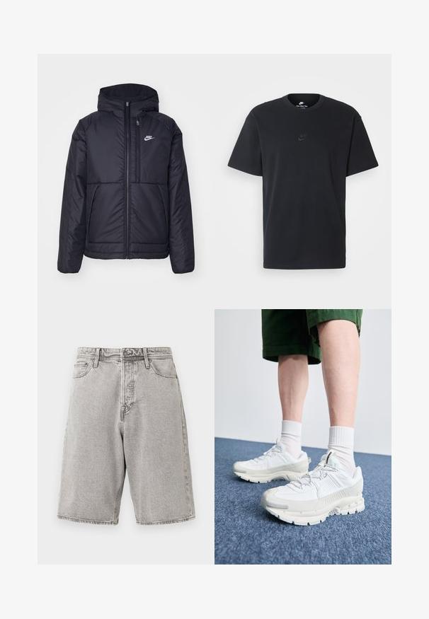 Must musta Nike jope, millel on ees lukuga avamine ja kapuuts. Vasakpoolne rind on kaunistatud valge logoga ning ees on kaks taskut. Sile välimine tekstuur.; Nike musta mustast puuvillast T-särk klassikalise ümmarguse kaelusega, lühikeste varrukatega ja õrna, reljeefse logoga rinnal. Sile tekstuur.; Hallid denim lühikesed püksid, millel on lõdvestatud istuvus, kõrge vöökoht, viis taskut ja nähtav õmblus, pakkudes tekstuurset viimistlust.; Valged sportsijalatsid tekstuursete pealsete, kopsaka tallaga ja hallide aktsentidega. Kanda valgete lühikeste sokkidega ja roheliste lühikeste pükstega sinisel pinnal.