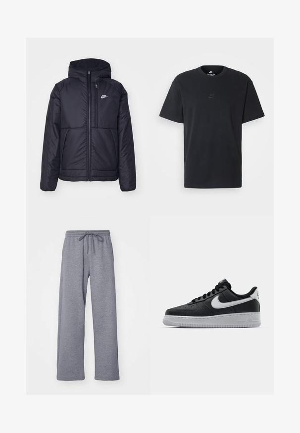 Černá zateplená bunda Nike s předním zipem a kapucí. Na levé straně hrudi má bílé logo a dvojité přední kapsy. Hladký povrch.; Černé bavlněné tričko Nike s klasickým kulatým výstřihem, krátkými rukávy a decentně vyraženým logem na hrudi. Hladký povrch.; Šedé široké tepláky s elastickým pasem na šňůrku. Vyrobené z měkké texturované látky, s uvolněným střihem a rovnými nohavicemi.; Černé kožené tenisky s texturovaným povrchem, bílým logem Nike, šedou podrážkou, kulatou špičkou a designem na šněrování. Obsahují perforace na špičce.