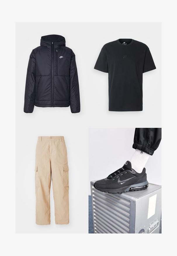 Zwarte, gewatteerde Nike-jas met een voorkant met ritssluiting en capuchon. Kenmerkt zich door een wit logo op de linkerborst en dubbele frontzakken. Gladde buitenkant.; Zwarte katoenen t-shirt van Nike met een klassieke ronde hals, korte mouwen en een subtiele, reliëflogo op de borst. Gladde textuur.; Beige cargobroek met een relaxte pasvorm, gemaakt van lichtgewicht stof, voorzien van twee zij-cargozakken en een knoopsluiting in de taille.; Nike Sportswear PULSE - Sneakers laag - black/anthracite