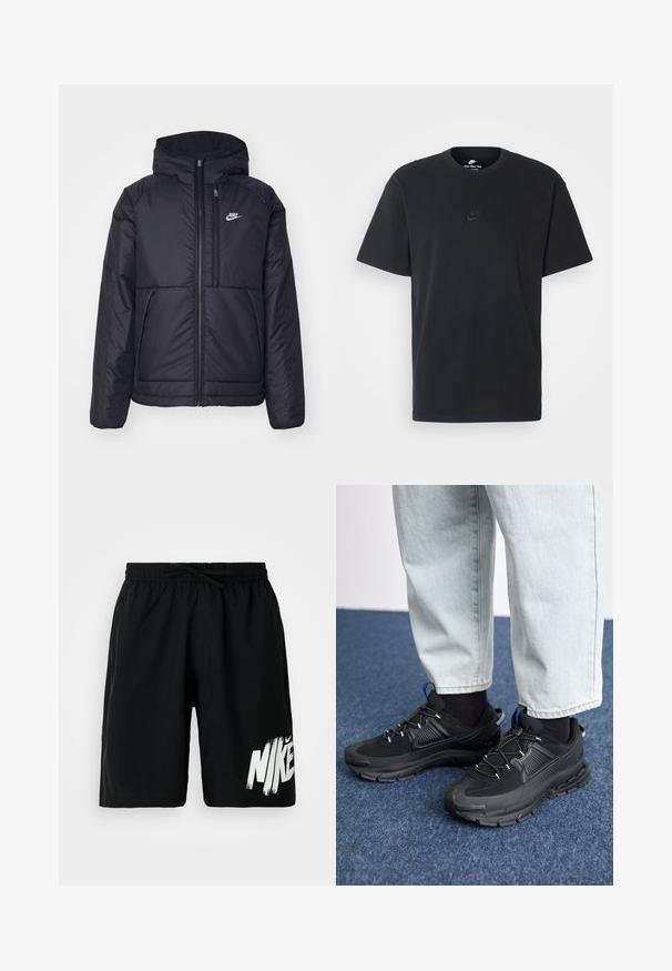 Giacca Nike nera, imbottita, con zip frontale e cappuccio. Presenta un logo bianco sul lato sinistro del petto e doppie tasche frontali. Texture esterna liscia.; T-shirt in cotone nero della Nike con collo rotondo classico, maniche corte e un logo in rilievo discreto sul petto. Texture liscia.; Pantaloni corti neri fino al ginocchio con vita elastica e laccio, caratterizzati da un grande logo Nike bianco sul lato sinistro della gamba.; Scarpe sportive nere con tessuto testurizzato e suole in gomma, dotate di lacci elastici e un accento blu sul tallone. Indossate con pantaloni in denim chiaro.