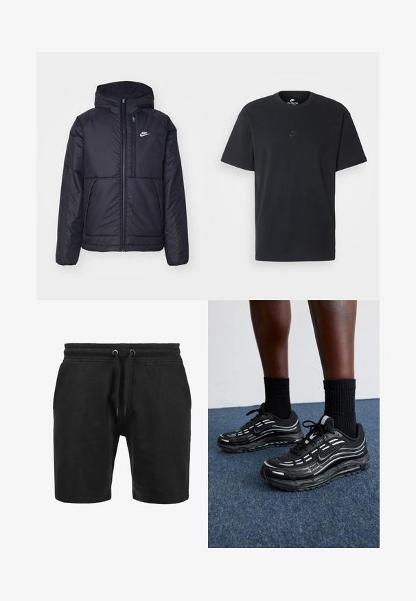 Melna, pufota Nike jaka ar priekšējo rāvējslēdzēju un kapuci. Iezīmēta ar baltu logotipu uz kreisās krūtis un divām priekšējām kabatām. Gluda ārējā tekstūra.; Nike melns kokvilnas T-krekls ar klasisku piegriezumu, īsām piedurknēm un smalku, reljefu logotipu uz krūškurvja. Gluda tekstūra.; Melnas šortas, izgatavoti no tekstūrētas auduma. Iekļautas elastīga jostasvieta ar auklu un sānu kabatām. Vienkāršs, taisns griezums.; Melni Nike apavi ar sietveida augšdaļu, akcentējošām svītrām, teksturētām šņorēm un melnu gumijas zoli. Valkāti ar melniem ribota auduma zeķēm.