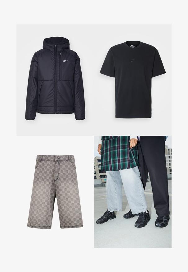 Juodas, paminkštintas Nike džemperis su priekyje užtrauktuku ir gobtuvu. Pasižymi balta logo kairėje krūtinės pusėje ir dviem priekinėmis kišenėmis. Su lygiu išoriniu paviršiumi.; Juodas medvilninis Nike marškinėliai su klasikinėmis apykaklėmis, trumpomis rankovėmis ir subtiliu, įspaustu logotipu ant krūtinės. Sklandus tekstūra.; Pilkos džinsinės šortai su apvaliu raštu, tradiciniu penkių kišenių dizainu ir matomomis siuvimo detalėmis.; Juodi sportiniai bateliai su tinklo ir gumos akcentais. Dėvimi su šviesiai pilkais plačiomis kojinėmis džinsais ir eglutės rašto žaliu marškinėliu. Lygus paviršius fone.