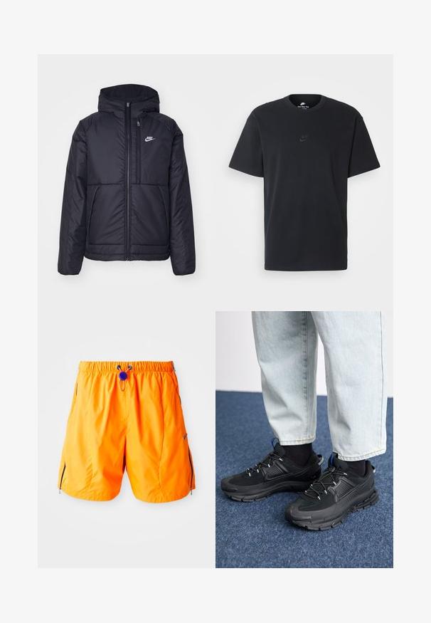 Černá zateplená bunda Nike s předním zipem a kapucí. Na levé straně hrudi má bílé logo a dvojité přední kapsy. Hladký povrch.; Černé bavlněné tričko Nike s klasickým kulatým výstřihem, krátkými rukávy a decentně vyraženým logem na hrudi. Hladký povrch.; Oranžové sportovní šortky s elastickým pasem, nastavitelnou šňůrkou a bočními zipovými kapsami. Vyrobené z hladkého, lehkého materiálu.; Černé sportovní boty s texturovanou tkaninou a gumovou podrážkou, s elastickými tkaničkami a modrým akcentem na patě. Nosí se s světlými džíny.