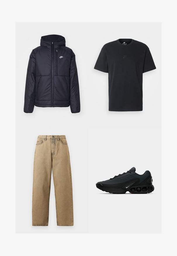 Giacca Nike nera, imbottita, con zip frontale e cappuccio. Presenta un logo bianco sul lato sinistro del petto e doppie tasche frontali. Texture esterna liscia.; T-shirt in cotone nero della Nike con collo rotondo classico, maniche corte e un logo in rilievo discreto sul petto. Texture liscia.; Jeans in denim beige con design a gamba dritta, dotati di zip, passanti per la cintura e cuciture a contrasto. Nessun motivo o dettaglio hardware degno di nota.; Scarpa sportiva nera con tomaia in tessuto testurizzato, design curvo, sottile prominente e elementi di ammortizzazione visibili. Presenta un dettaglio del logo bianco.