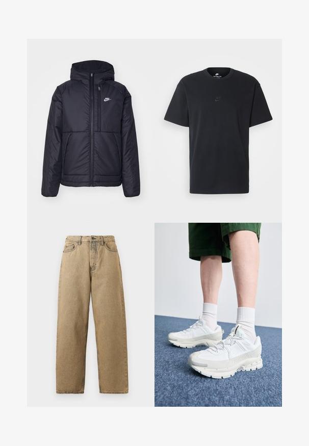 Casaco Nike preto, acolchoado, com fecho à frente e capuz. Apresenta um logo branco no lado esquerdo do peito e dois bolsos frontais. Textura exterior lisa.; T-shirt de algodão preto da Nike com um clássico decote redondo, mangas curtas e um logótipo em relevo discreto no peito. Textura suave.; Jeans de ganga bege com um design de perna reta, apresentando um fecho de correr, passadores para cinto e costura contrastante. Sem padrões ou detalhes de hardware notáveis.; Sapatos atléticos brancos com sobreposições texturizadas, sola espessa e detalhes em cinza. Usados com meias brancas até ao tornozelo e calções verdes sobre uma superfície azul.