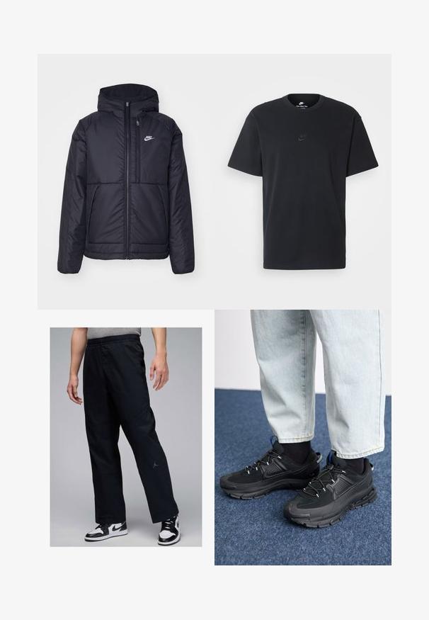 Fekete, párnázott Nike dzseki elülső cipzárral és kapucnival. A bal mellen fehér logó található, valamint két elülső zseb. Simának tűnő külső felület.; Fekete pamut póló Nike márkájú, klasszikus, kerek nyakú, rövid ujjú, és letisztult, dombornyomott logóval a mellkason. Simább textúra.; Fekete melegítőnadrág elasztikus derékpánttal, oldalzsebekkel és egy kis szürke logóval az alsó lábszáron. Simább anyag, kényelmes, laza szabás.; Fekete sportcipők texturált anyaggal és gumitalppal, elasztikus fűzőkkel és kék kiegészítővel a saroknál. Világos farmernadrággal viselve.