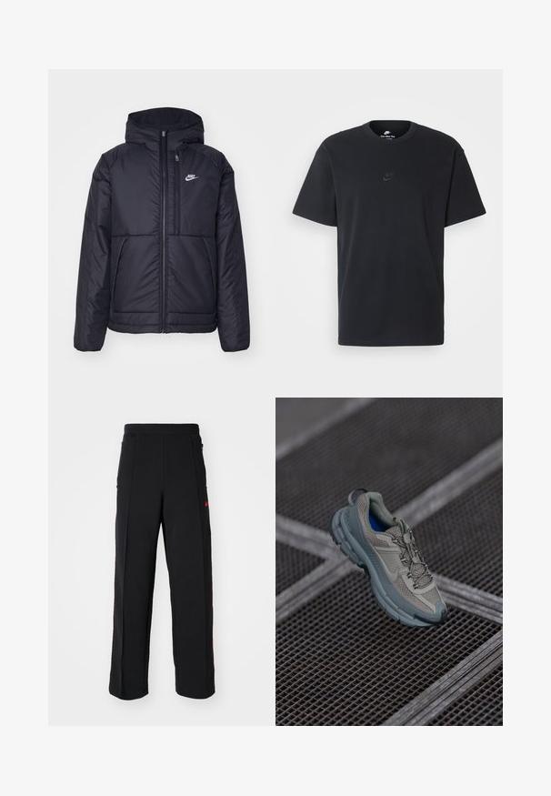 Μαύρο, επενδυμένο μπουφάν Nike με μπροστινό φερμουάρ και κουκούλα. Διαθέτει λευκό λογότυπο στο αριστερό στήθος και διπλές μπροστινές τσέπες. Λείο εξωτερικό υλικό.; Μαύρη βαμβακερή μπλούζα Nike με κλασικό στρογγυλό λαιμό, κοντά μανίκια και μια διακριτική, ανάγλυφη λογότυπο στο στήθος. Λείο ύφασμα.; Μαύρες φόρμες με χαλαρή εφαρμογή, με κόκκινες λεπτομέρειες και τσέπες στα πλάγια. Το υλικό φαίνεται απαλό με λείο υφή.; Πετρόλ και γκρι αθλητικό παπούτσι με υφασμάτινη επένδυση, στρογγυλή μύτη και καουτσουκέιν σόλα, διαθέτοντας κορδόνια και μαξιλαρωμένη περιφέρεια.