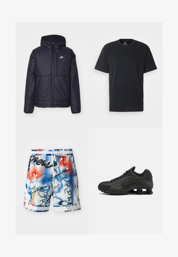 Chaqueta acolchada negra de Nike con cremallera frontal y capucha. Presenta un logo blanco en el lado izquierdo del pecho y dos bolsillos frontales. Textura exterior suave.; Camiseta negra de algodón de Nike con un clásico cuello redondo, mangas cortas y un sutil logo en relieve en el pecho. Textura suave.; Bañador corto fabricado en tejido ligero en azul, blanco y rojo, con un diseño abstracto colorido que presenta detalles gráficos y acentos en blanco.; Zapatillas de running negras con un upper sintético liso, detalles perforados, paneles laterales texturizados y una suela distintiva y elástica.