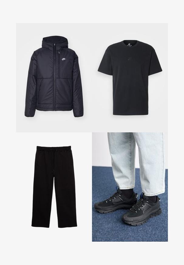 Zwarte, gewatteerde Nike-jas met een voorkant met ritssluiting en capuchon. Kenmerkt zich door een wit logo op de linkerborst en dubbele frontzakken. Gladde buitenkant.; Zwarte katoenen t-shirt van Nike met een klassieke ronde hals, korte mouwen en een subtiele, reliëflogo op de borst. Gladde textuur.; Zwarte sweatpants van zachte stof, met een elastische tailleband met trekkoord, twee zijzakken en een ontspannen pasvorm.; Zwarte sportschoenen met gestructureerde stof en rubberen zolen, met elastische veters en een blauwe accent op de hiel. Draag samen met lichte spijkerbroeken.