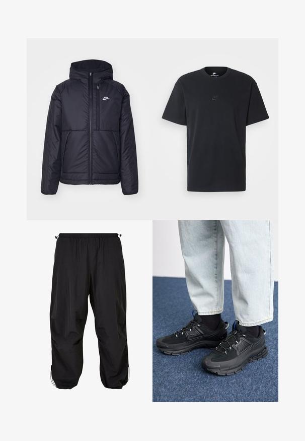 Fekete, párnázott Nike dzseki elülső cipzárral és kapucnival. A bal mellen fehér logó található, valamint két elülső zseb. Simának tűnő külső felület.; Fekete pamut póló Nike márkájú, klasszikus, kerek nyakú, rövid ujjú, és letisztult, dombornyomott logóval a mellkason. Simább textúra.; Fekete, laza szabású nadrág, könnyű anyagból; elasztikus derékpánttal és állítható zsinórral az alján.; Fekete sportcipők texturált anyaggal és gumitalppal, elasztikus fűzőkkel és kék kiegészítővel a saroknál. Világos farmernadrággal viselve.