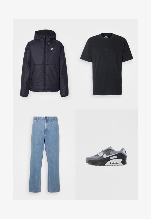 Black, padded Nike jacket with a front zipper and hood. Features a white logo on the left chest and dual front pockets. Smooth exterior texture.; Nike black cotton t-shirt with a classic crew neck, short sleeves, and a subtle, embossed logo on the chest. Smooth texture.; Light blue denim jeans with a straight leg cut, featuring a button closure and belt loops. The fabric has a subtle faded texture.; Gray sneaker featuring a mix of mesh and suede materials, with a black sole and visible air unit. Notable light gray accents and laces.