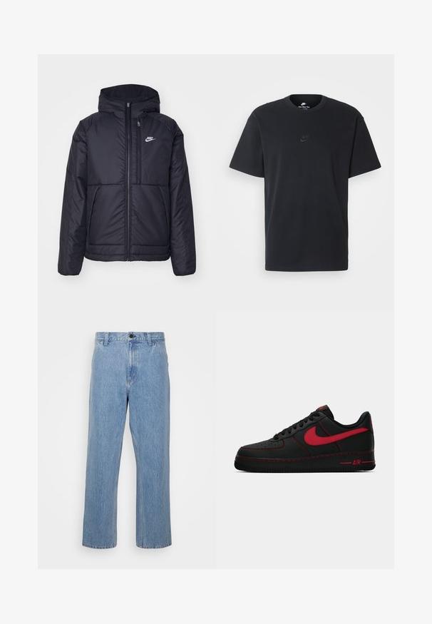 Melna, pufota Nike jaka ar priekšējo rāvējslēdzēju un kapuci. Iezīmēta ar baltu logotipu uz kreisās krūtis un divām priekšējām kabatām. Gluda ārējā tekstūra.; Nike melns kokvilnas T-krekls ar klasisku piegriezumu, īsām piedurknēm un smalku, reljefu logotipu uz krūškurvja. Gluda tekstūra.; Gai zili džinsi ar taisnu piegriezumu, kas aprīkoti ar pogu aizdari un jostas cilpām. Audumam ir viegli izbalējusi tekstūra.; Melnas ādas Nike Air Force 1 tenisa kurpes ar sarkaniem akcentiem, ar gludu faktūru, perforētu purngalu un kontrastējošu sarkano diegu.