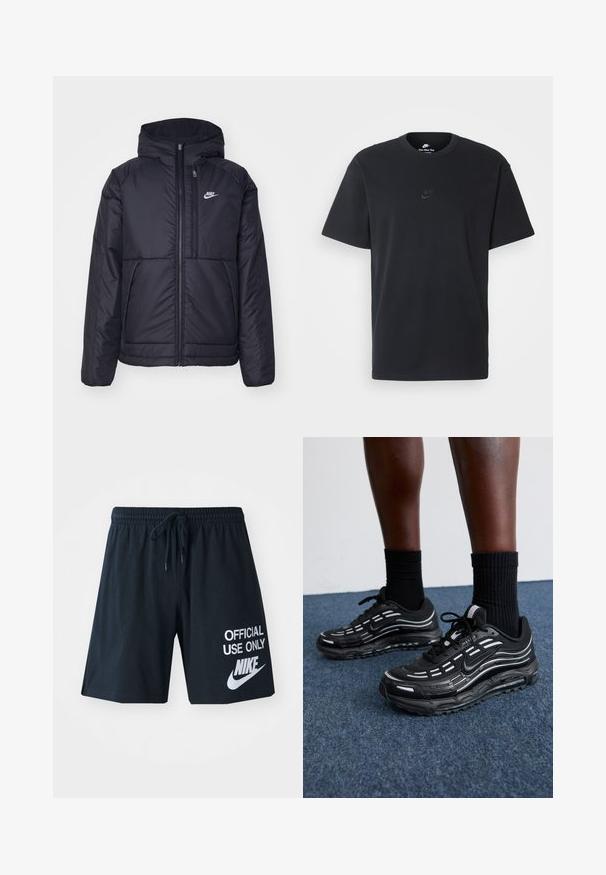 Casaco Nike preto, acolchoado, com fecho à frente e capuz. Apresenta um logo branco no lado esquerdo do peito e dois bolsos frontais. Textura exterior lisa.; T-shirt de algodão preto da Nike com um clássico decote redondo, mangas curtas e um logótipo em relevo discreto no peito. Textura suave.; Calções de desporto pretos com uma cintura elástica e cordão, apresentando o texto branco "USO OFICIAL APENAS" e um logótipo da Nike na lateral.; Os sapatos pretos da Nike apresentam um upper em malha com riscas de destaque, atacadores texturizados e uma sola de borracha preta. Usados com meias pretas caneladas.