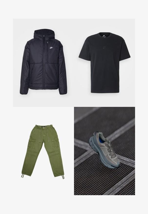 Fekete, párnázott Nike dzseki elülső cipzárral és kapucnival. A bal mellen fehér logó található, valamint két elülső zseb. Simának tűnő külső felület.; Fekete pamut póló Nike márkájú, klasszikus, kerek nyakú, rövid ujjú, és letisztult, dombornyomott logóval a mellkason. Simább textúra.; Olive zöld cargo nadrág könnyű anyagból, rugalmas derékkal, zsinórral és több oldalzsebbel.; Beige és szürke sportcipő, texturált hálós felsőrésszel, kerek orral és gumitalppal, fűzőkkel és párnázott bokával.