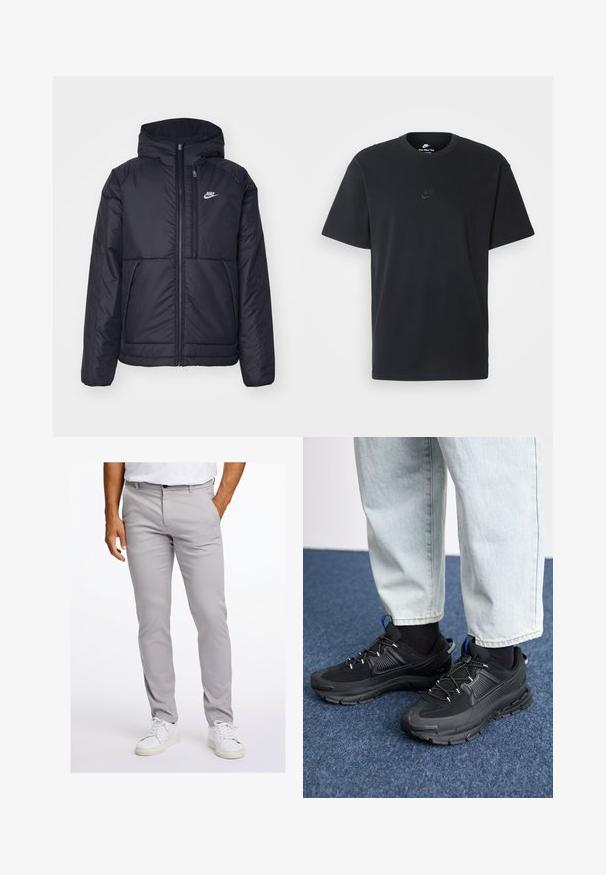 Veste Nike noire rembourrée avec une fermeture éclair sur le devant et une capuche. Elle présente un logo blanc sur la poitrine gauche et deux poches avant. Texture extérieure lisse.; T-shirt en coton noir Nike avec un col rond classique, des manches courtes et un logo embossé subtil sur la poitrine. Texture lisse.; Pantalons gris clair en tissu lisse, avec une coupe slim, des poches avant et une taille standard avec une fermeture à bouton. Portés avec des baskets blanches.; Des chaussures de sport noires avec un tissu texturé et des semelles en caoutchouc, dotées de lacets élastiques et d'un accent bleu au talon. Portées avec un pantalon en denim clair.