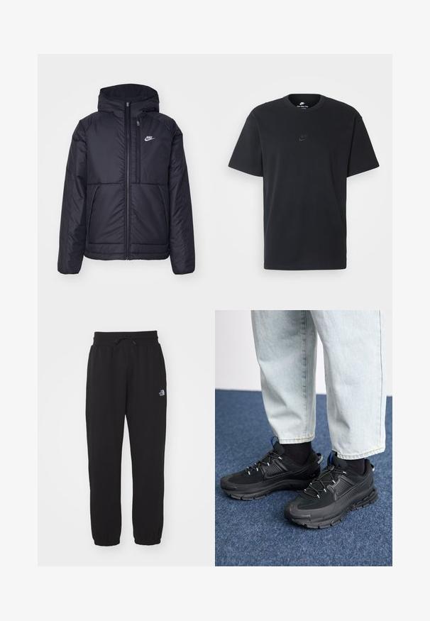 Zwarte, gewatteerde Nike-jas met een voorkant met ritssluiting en capuchon. Kenmerkt zich door een wit logo op de linkerborst en dubbele frontzakken. Gladde buitenkant.; Zwarte katoenen t-shirt van Nike met een klassieke ronde hals, korte mouwen en een subtiele, reliëflogo op de borst. Gladde textuur.; Zwarte sweatpants van zachte stof, met een elastische tailleband en trekkoord, smalle boorden bij de enkels en een klein logo op de bovenkant van de bovenbeen.; Zwarte sportschoenen met gestructureerde stof en rubberen zolen, met elastische veters en een blauwe accent op de hiel. Draag samen met lichte spijkerbroeken.