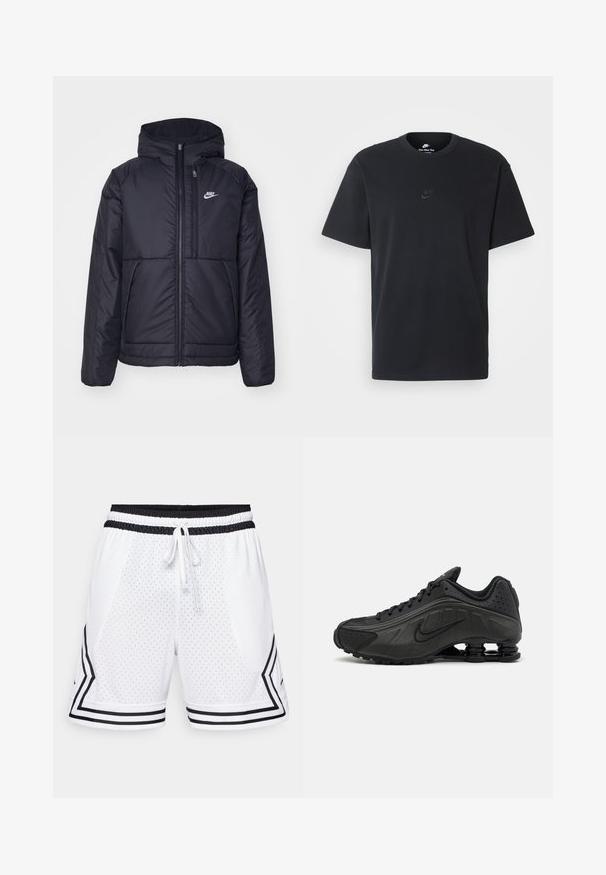 Must musta Nike jope, millel on ees lukuga avamine ja kapuuts. Vasakpoolne rind on kaunistatud valge logoga ning ees on kaks taskut. Sile välimine tekstuur.; Nike musta mustast puuvillast T-särk klassikalise ümmarguse kaelusega, lühikeste varrukatega ja õrna, reljeefse logoga rinnal. Sile tekstuur.; Valged sportlikud lühikesed püksid, mis on valmistatud perforeeritud kangast. Omavad musta elastset vöökohta, millel on nöör ja mustad külgmised triibud ševronmustriga.; Mustad mustat jooksujalad, millel on sile sünteetiline ülemus, perforatsioonid, tekstureeritud külgpaneelid ja eristuv elastne tall.