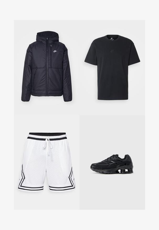 Juodas, paminkštintas Nike džemperis su priekyje užtrauktuku ir gobtuvu. Pasižymi balta logo kairėje krūtinės pusėje ir dviem priekinėmis kišenėmis. Su lygiu išoriniu paviršiumi.; Juodas medvilninis Nike marškinėliai su klasikinėmis apykaklėmis, trumpomis rankovėmis ir subtiliu, įspaustu logotipu ant krūtinės. Sklandus tekstūra.; Balti sportiniai šortai, pagaminti iš perforuoto audinio. Susidaro juodas elastingas juosmuo su raišteliu ir juodos šoninės juostos, suformuotos zigzago raštu.; Juodas sportinis batelis su tinklinio viršumi, paminkštintu apykakliu ir ryškia pėdos kulno amortizavimo technologija. Turi tekstūruotus akcentus ir raištelius.