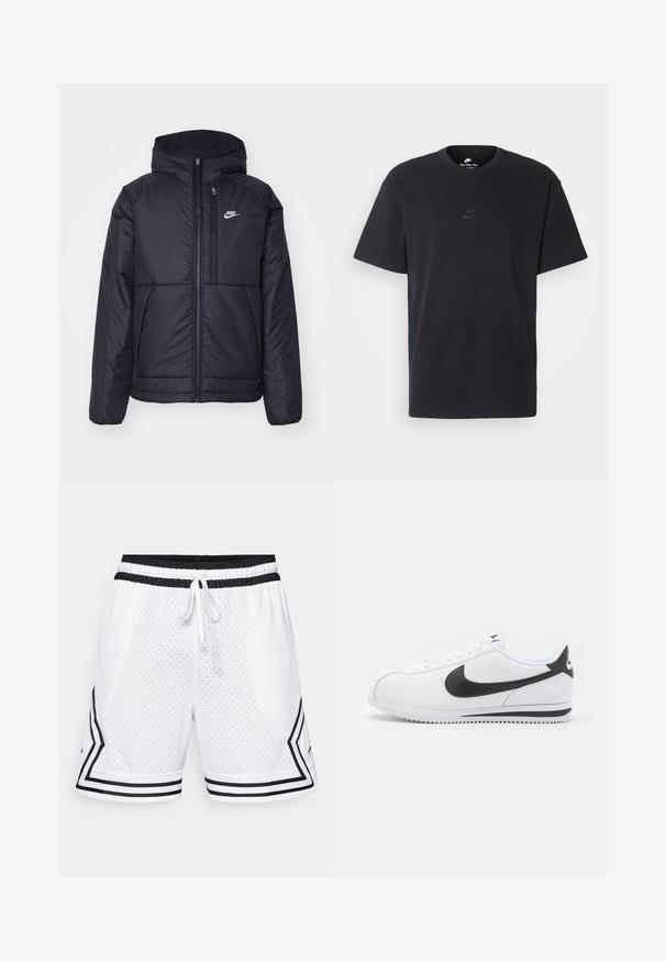 Črna, podložena Nike jakna z sprednjim zadrgo in kapuco. Ima bel logo na levem prsnem delu in dvojna sprednja žepa. Gladka zunanja tekstura.; Nike črna bombažna majica z klasičnim okroglim izrezom, kratkimi rokavi in subtilnim, vtisnjenim logotipom na prsih. Gladka tekstura.; Beli športni kratki hlače iz perforirane tkanine. Imajo črn elastičen pas z vrvico in črne stranske črte v vzorcu chevron.; Bele športne copate iz belega usnja z črnimi Nike swoosh, ravnimi vezalkami in teksturiranim gumijastim podplatom. Okrogla konica in oblazinjen ovratnik za udobje.