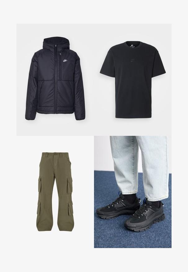 Czarna, pikowana kurtka Nike z przednim zamkiem błyskawicznym i kapturem. Posiada białe logo po lewej stronie klatki piersiowej oraz podwójne kieszenie z przodu. Gładka struktura zewnętrzna.; Czarny bawełniany t-shirt Nike z klasycznym okrągłym dekoltem, krótkimi rękawami oraz subtelnym, wytłoczonym logo na piersi. Gładka tekstura.; Spodnie cargo w oliwkowym kolorze. Wykonane z bawełny, posiadające wiele bocznych kieszeni, prosty krój i widoczne detale szwów.; Czarne buty sportowe z teksturowanej tkaniny i gumowymi podeszwami, z elastycznymi sznurówkami i niebieskim akcentem na pięcie. Noszone z jasnymi dżinsami.