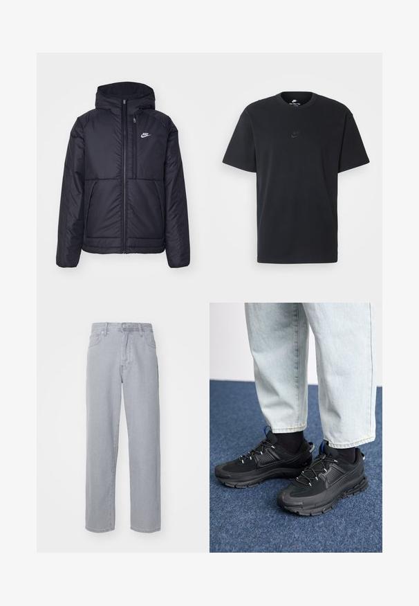 Veste Nike noire rembourrée avec une fermeture éclair sur le devant et une capuche. Elle présente un logo blanc sur la poitrine gauche et deux poches avant. Texture extérieure lisse.; T-shirt en coton noir Nike avec un col rond classique, des manches courtes et un logo embossé subtil sur la poitrine. Texture lisse.; Jean en denim gris clair avec un design à jambe droite, cinq poches, passants de ceinture et une fermeture à bouton. Texture lisse sans motifs visibles.; Des chaussures de sport noires avec un tissu texturé et des semelles en caoutchouc, dotées de lacets élastiques et d'un accent bleu au talon. Portées avec un pantalon en denim clair.