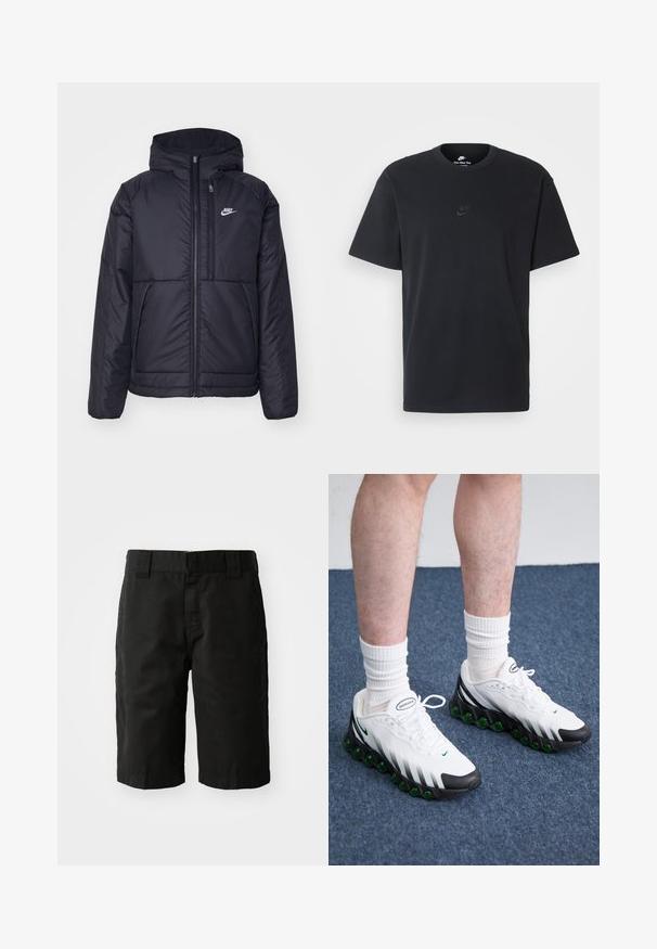 Fekete, párnázott Nike dzseki elülső cipzárral és kapucnival. A bal mellen fehér logó található, valamint két elülső zseb. Simának tűnő külső felület.; Fekete pamut póló Nike márkájú, klasszikus, kerek nyakú, rövid ujjú, és letisztult, dombornyomott logóval a mellkason. Simább textúra.; Fekete pamut rövidnadrág egyenes szabással, övhurkokkal és sima elülső résszel. Oldalsó zsebei vannak, és sima tapintású.; Fehér sportcipők fekete kiegészítőkkel és zöld párnázással. Texturált felső része van, fűzős záródással és látható márkalogóval rendelkezik.