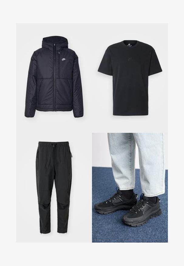 Svart, vadderad Nike-jacka med dragkedja framtill och huva. Har en vit logotyp på vänster bröst och dubbla framfickor. Slät yttextur.; Svart t-shirt i bomull från Nike med klassisk rund halsringning, korta ärmar och en diskret, präglad logotyp på bröstet. Slät textur.; Svarta lätta byxor med elastisk midja, dragsko, fickor med dragkedja på sidorna, formade knän och dragkedjor vid anklarna.; Svarta sportskor med texturerat tyg och gummisulor, med elastiska snörningar och en blå detalj på hälen. Bärs med ljusa jeans.